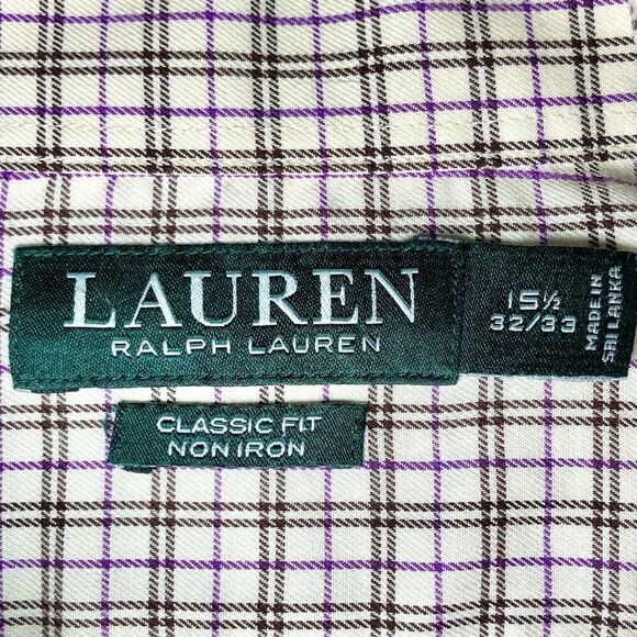Lauren Ralph Lauren Plaid Shirt in Cream/Black/Purple Men’s 15 1/2-32/33 - Picture 4 of 5